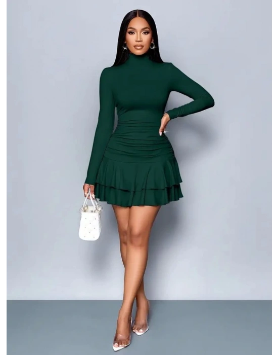 Kadın Uzun Kollu Balıkçı Yaka Mini Fırfırlı Sandy Elbise