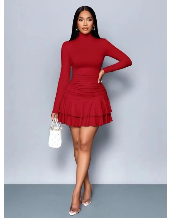 Kadın Uzun Kollu Balıkçı Yaka Mini Fırfırlı Sandy Elbise