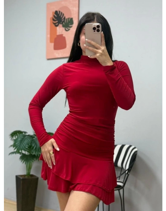 Kadın Uzun Kollu Balıkçı Yaka Mini Fırfırlı Sandy Elbise