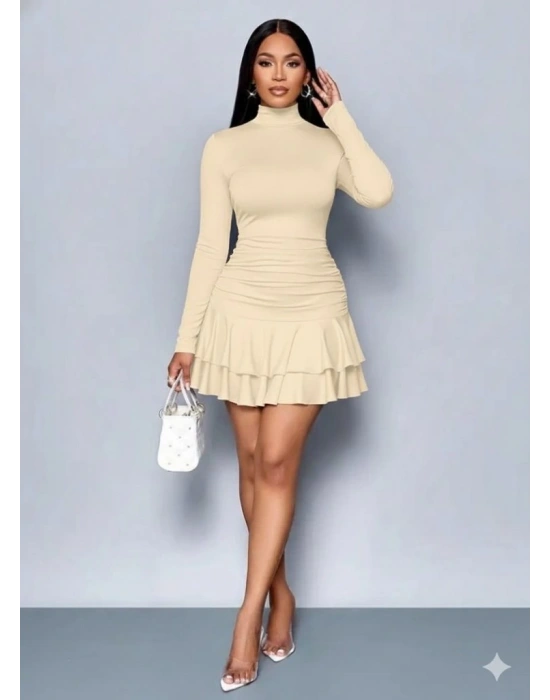 Kadın Uzun Kollu Balıkçı Yaka Mini Fırfırlı Sandy Elbise