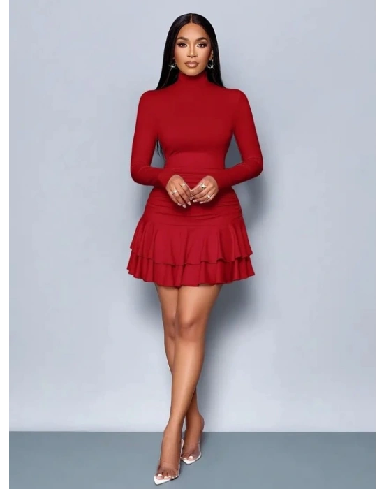 Kadın Uzun Kollu Balıkçı Yaka Mini Fırfırlı Sandy Elbise