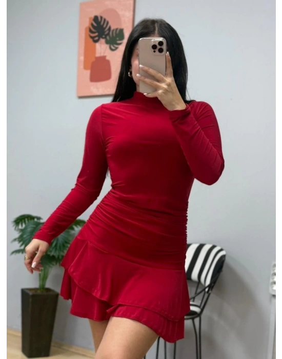 Kadın Uzun Kollu Balıkçı Yaka Mini Fırfırlı Sandy Elbise