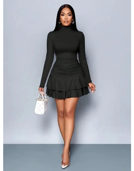 Kadın Uzun Kollu Balıkçı Yaka Mini Fırfırlı Sandy Elbise