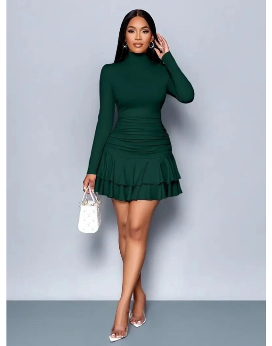 Kadın Uzun Kollu Balıkçı Yaka Mini Fırfırlı Sandy Elbise