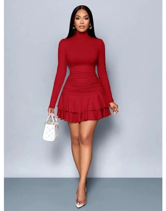 Kadın Uzun Kollu Balıkçı Yaka Mini Fırfırlı Sandy Elbise