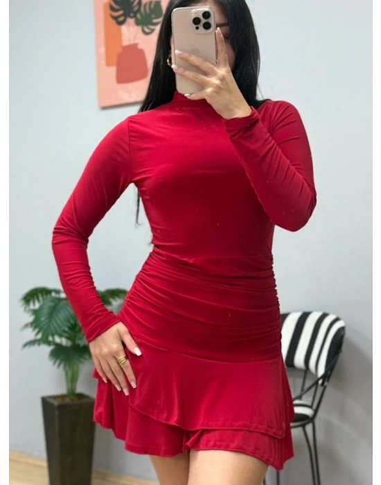 Kadın Uzun Kollu Balıkçı Yaka Mini Fırfırlı Sandy Elbise