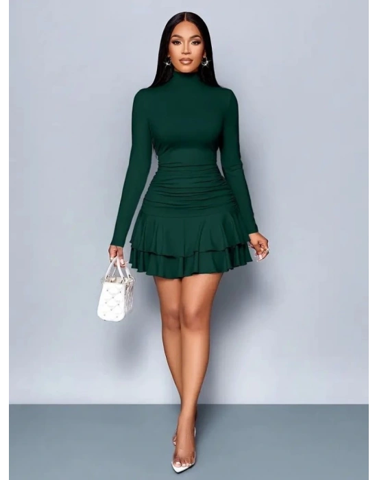 Kadın Uzun Kollu Balıkçı Yaka Mini Fırfırlı Sandy Elbise