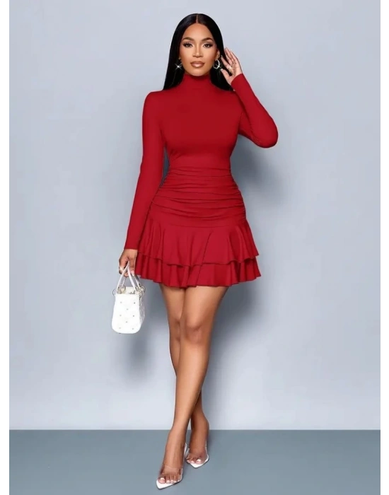 Kadın Uzun Kollu Balıkçı Yaka Mini Fırfırlı Sandy Elbise