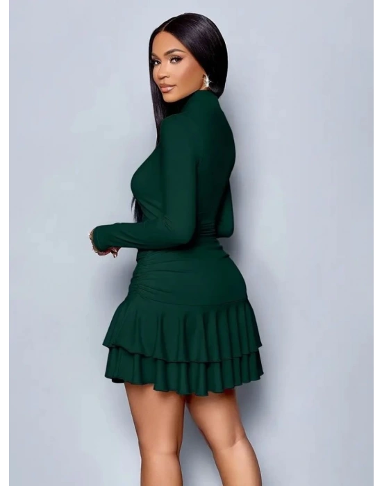 Kadın Uzun Kollu Balıkçı Yaka Mini Fırfırlı Sandy Elbise