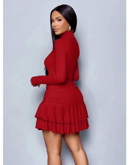 Kadın Uzun Kollu Balıkçı Yaka Mini Fırfırlı Sandy Elbise