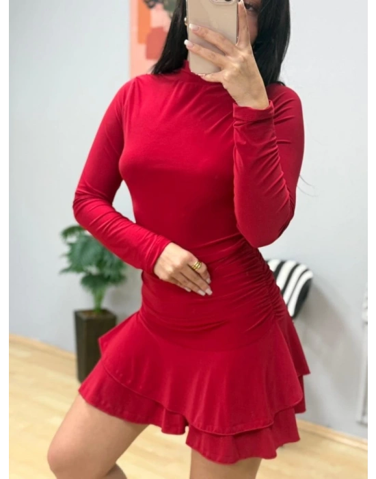 Kadın Uzun Kollu Balıkçı Yaka Mini Fırfırlı Sandy Elbise