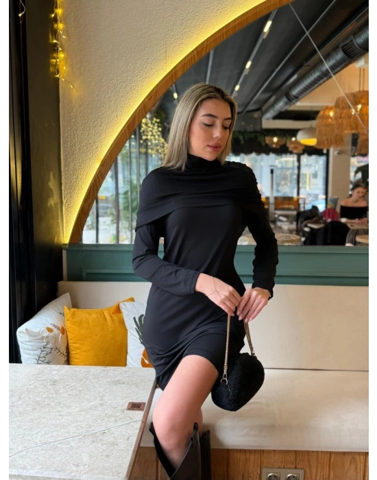 Kadın Uzun Kollu Balıkçı Yaka Omuz Katlamalı Dalgıç Kısa Elbise