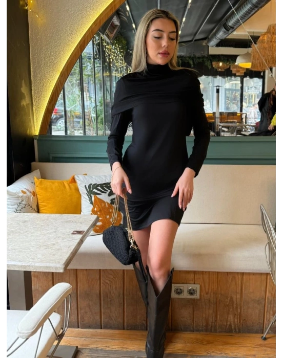 Kadın Uzun Kollu Balıkçı Yaka Omuz Katlamalı Dalgıç Kısa Elbise