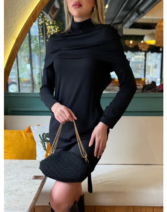 Kadın Uzun Kollu Balıkçı Yaka Omuz Katlamalı Dalgıç Kısa Elbise