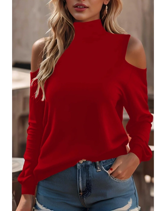 Kadın Uzun Kollu Balıkçı Yaka Omuz Pencere Detay Viskon Bluz