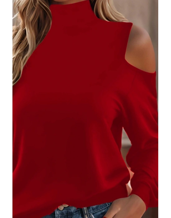 Kadın Uzun Kollu Balıkçı Yaka Omuz Pencere Detay Viskon Bluz