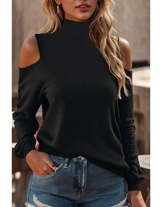 Kadın Uzun Kollu Balıkçı Yaka Omuz Pencere Detay Viskon Bluz