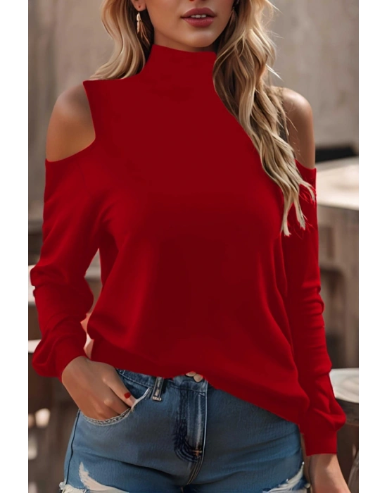 Kadın Uzun Kollu Balıkçı Yaka Omuz Pencere Detay Viskon Bluz