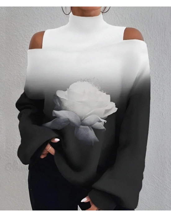 Kadın Uzun Kollu Balıkçı Yaka Omuz Pencereli Gül Dijital Baskılı şardonlu Dalgıç Salaş Bluz