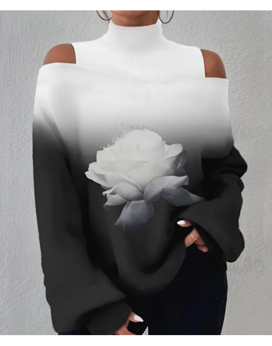 Kadın Uzun Kollu Balıkçı Yaka Omuz Pencereli Gül Dijital Baskılı şardonlu Dalgıç Salaş Bluz