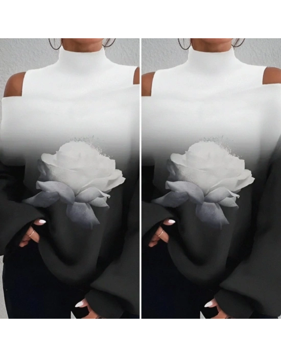 Kadın Uzun Kollu Balıkçı Yaka Omuz Pencereli Gül Dijital Baskılı şardonlu Dalgıç Salaş Bluz