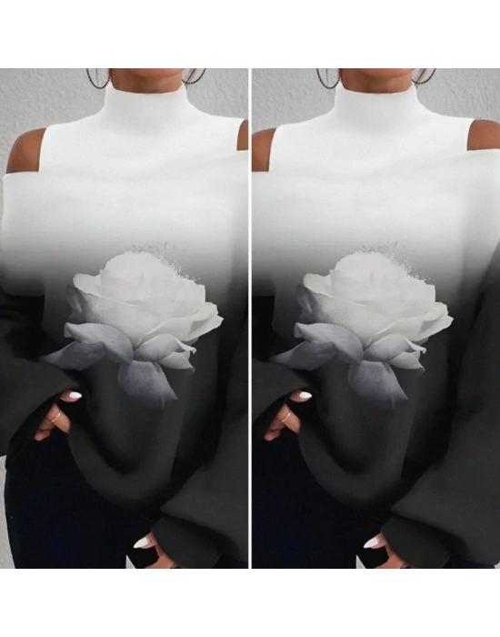 Kadın Uzun Kollu Balıkçı Yaka Omuz Pencereli Gül Dijital Baskılı şardonlu Dalgıç Salaş Bluz