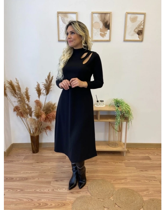 Kadın Uzun Kollu Balıkçı Yaka Omuzda Damla Detaylı Yırtmaçlı Krep Midi Elbise