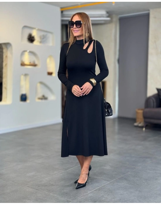 Kadın Uzun Kollu Balıkçı Yaka Omuzda Damla Detaylı Yırtmaçlı Krep Midi Elbise