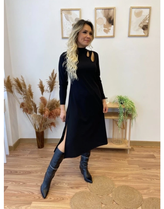 Kadın Uzun Kollu Balıkçı Yaka Omuzda Damla Detaylı Yırtmaçlı Krep Midi Elbise