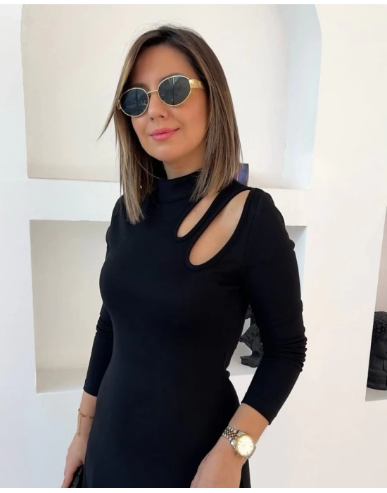 Kadın Uzun Kollu Balıkçı Yaka Omuzda Damla Detaylı Yırtmaçlı Krep Midi Elbise