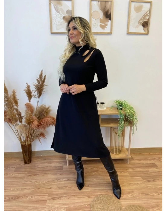 Kadın Uzun Kollu Balıkçı Yaka Omuzda Damla Detaylı Yırtmaçlı Krep Midi Elbise