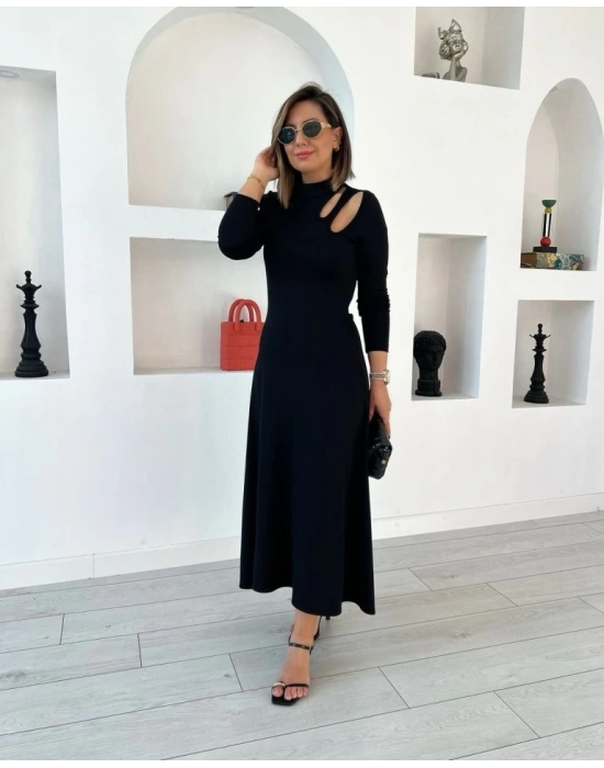 Kadın Uzun Kollu Balıkçı Yaka Omuzda Damla Detaylı Yırtmaçlı Krep Midi Elbise