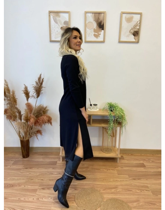 Kadın Uzun Kollu Balıkçı Yaka Omuzda Damla Detaylı Yırtmaçlı Krep Midi Elbise