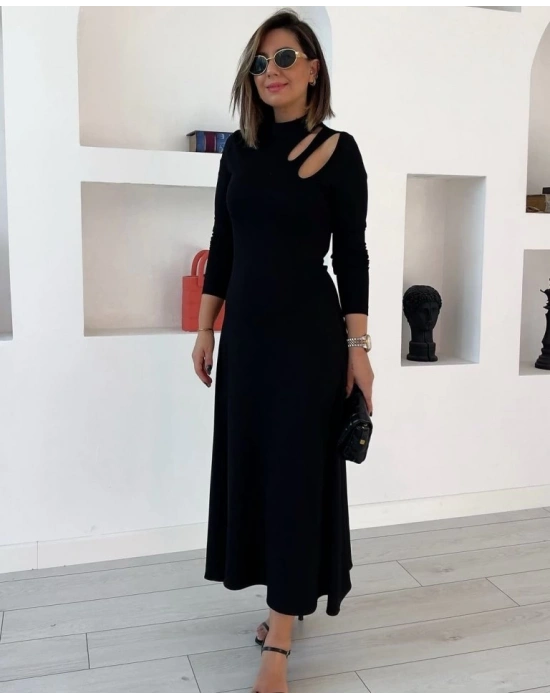 Kadın Uzun Kollu Balıkçı Yaka Omuzda Damla Detaylı Yırtmaçlı Krep Midi Elbise