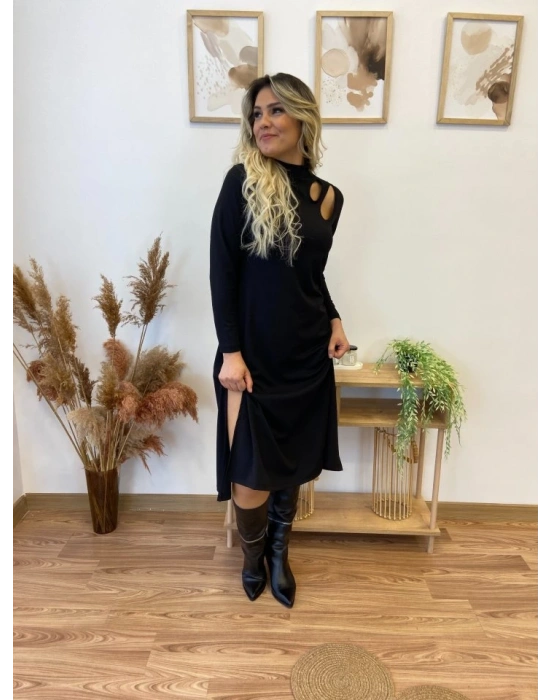 Kadın Uzun Kollu Balıkçı Yaka Omuzda Damla Detaylı Yırtmaçlı Krep Midi Elbise