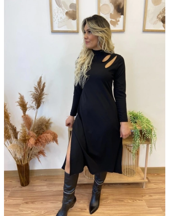 Kadın Uzun Kollu Balıkçı Yaka Omuzda Damla Detaylı Yırtmaçlı Krep Midi Elbise