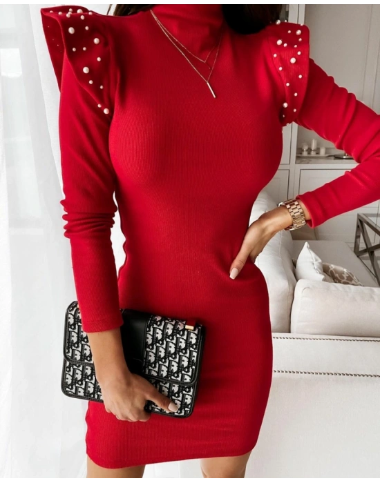 Kadın Uzun Kollu Balıkçı Yaka Omuzlarda Pile Inci Detay Kaşkorse Elbise