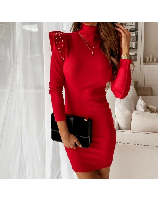 Kadın Uzun Kollu Balıkçı Yaka Omuzlarda Pile Inci Detay Kaşkorse Elbise