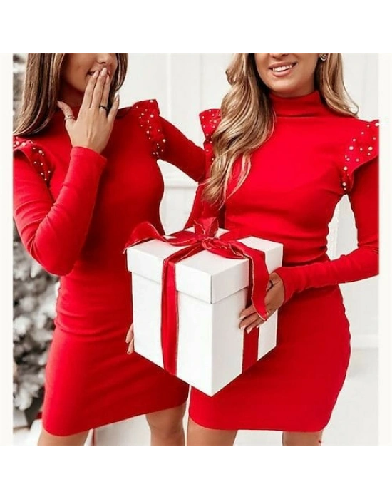 Kadın Uzun Kollu Balıkçı Yaka Omuzlarda Pile Inci Detay Kaşkorse Elbise