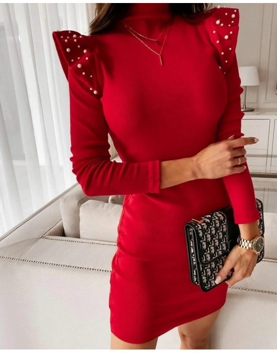 Kadın Uzun Kollu Balıkçı Yaka Omuzlarda Pile Inci Detay Kaşkorse Elbise