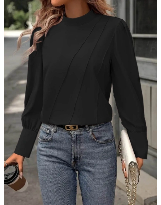 Kadın Uzun Kollu Balıkçı Yaka önden Dikişli Dokuma Bluz