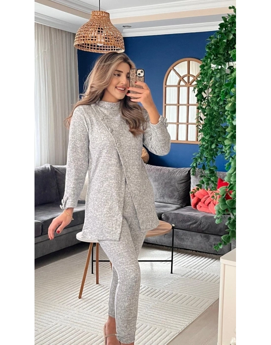 Kadın Uzun Kollu Balıkçı Yaka önden Düğmeli Bluz Ve Pantolon Yumoş Ikili Takım