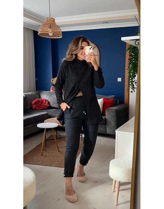 Kadın Uzun Kollu Balıkçı Yaka önden Düğmeli Bluz Ve Pantolon Yumoş Ikili Takım