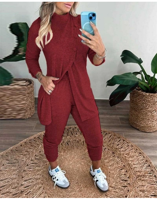 Kadın Uzun Kollu Balıkçı Yaka önden Düğmeli Bluz Ve Pantolon Yumoş Ikili Takım