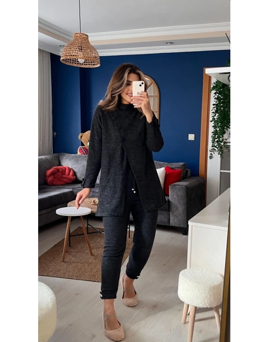 Kadın Uzun Kollu Balıkçı Yaka önden Düğmeli Bluz Ve Pantolon Yumoş Ikili Takım