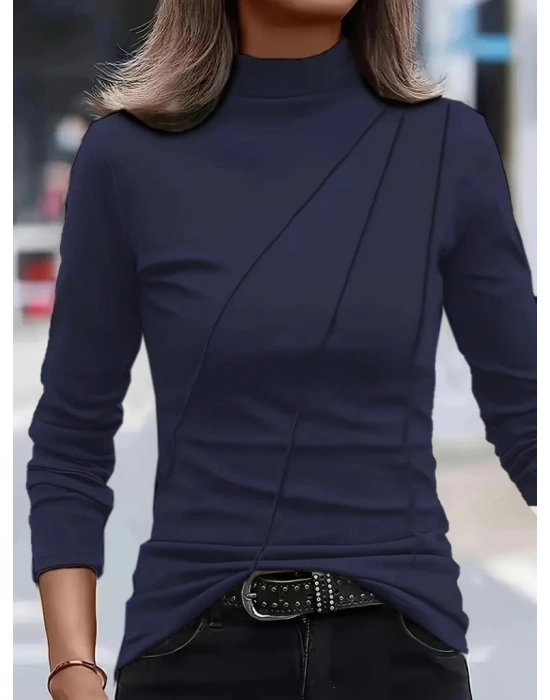 Kadın Uzun Kollu Balıkçı Yaka önden şerit Detay Dalgıç Bluz