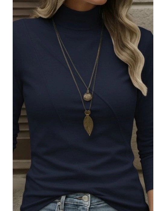 Kadın Uzun Kollu Balıkçı Yaka önden şerit Detay Dalgıç Bluz