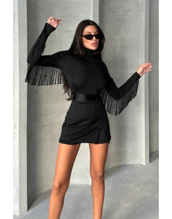 Kadın Uzun Kollu Balıkçı Yaka Püsküllü Kuşaklı Ithal Krep Tulum