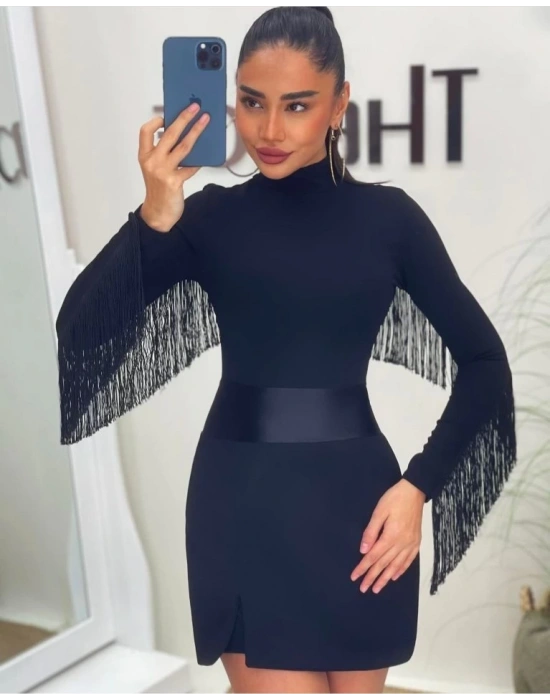 Kadın Uzun Kollu Balıkçı Yaka Püsküllü Kuşaklı Ithal Krep Tulum