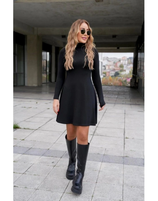Kadın Uzun Kollu Balıkçı Yaka Salaş Kusa Akrilik Elbise